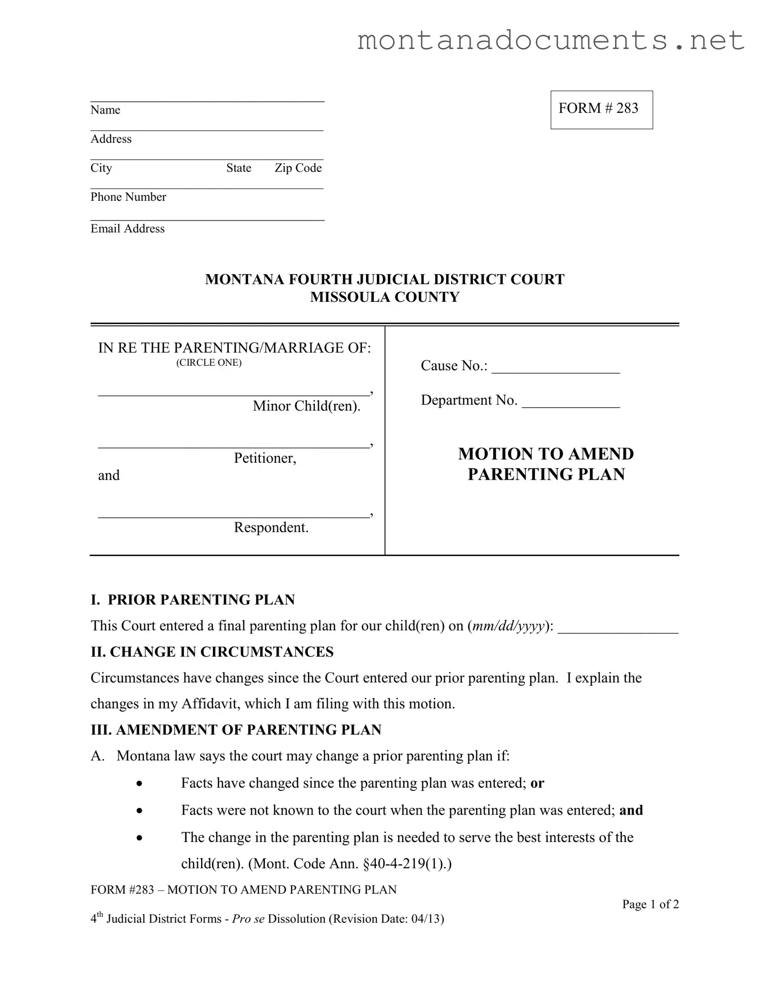 Printable Montana 283 Template