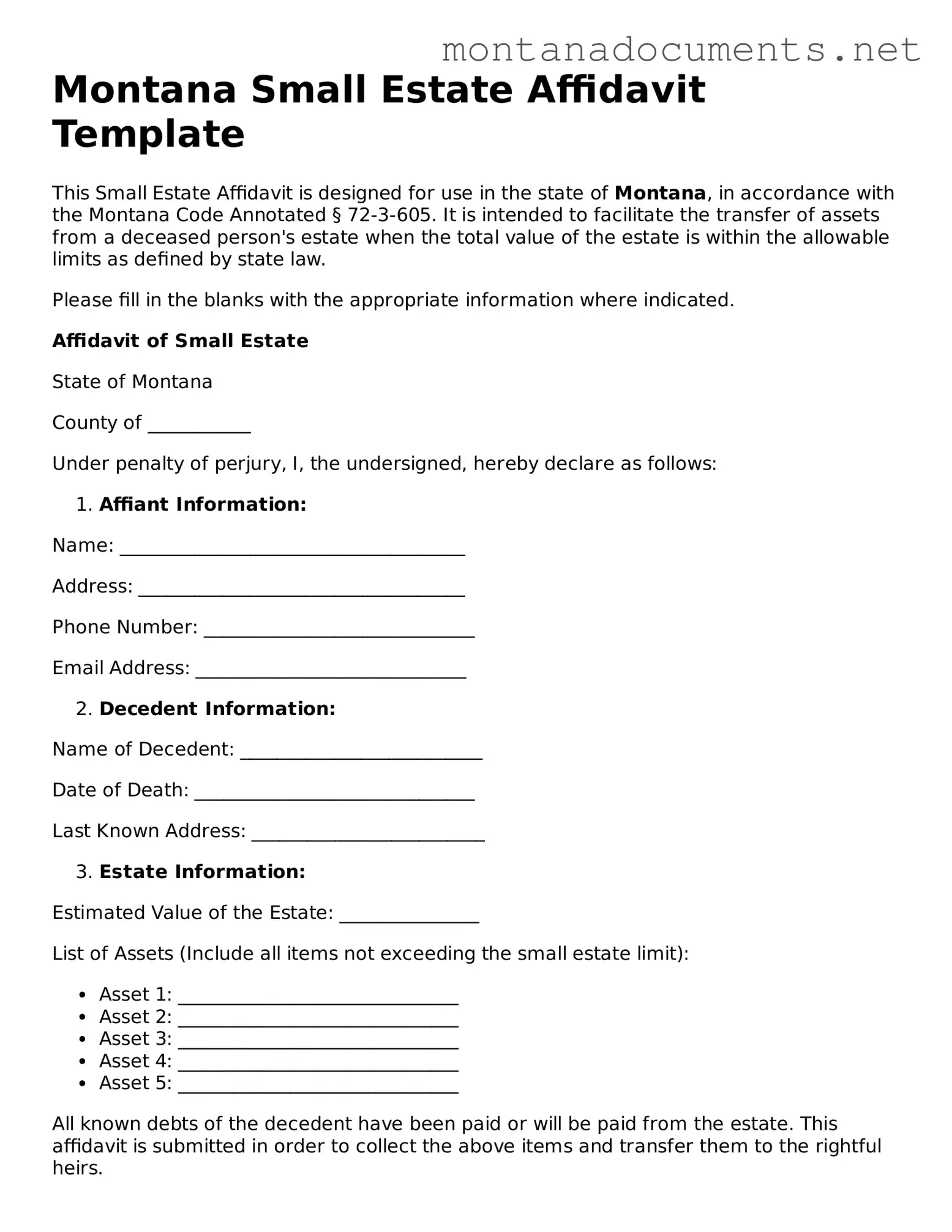 Blank Montana Small Estate Affidavit Document