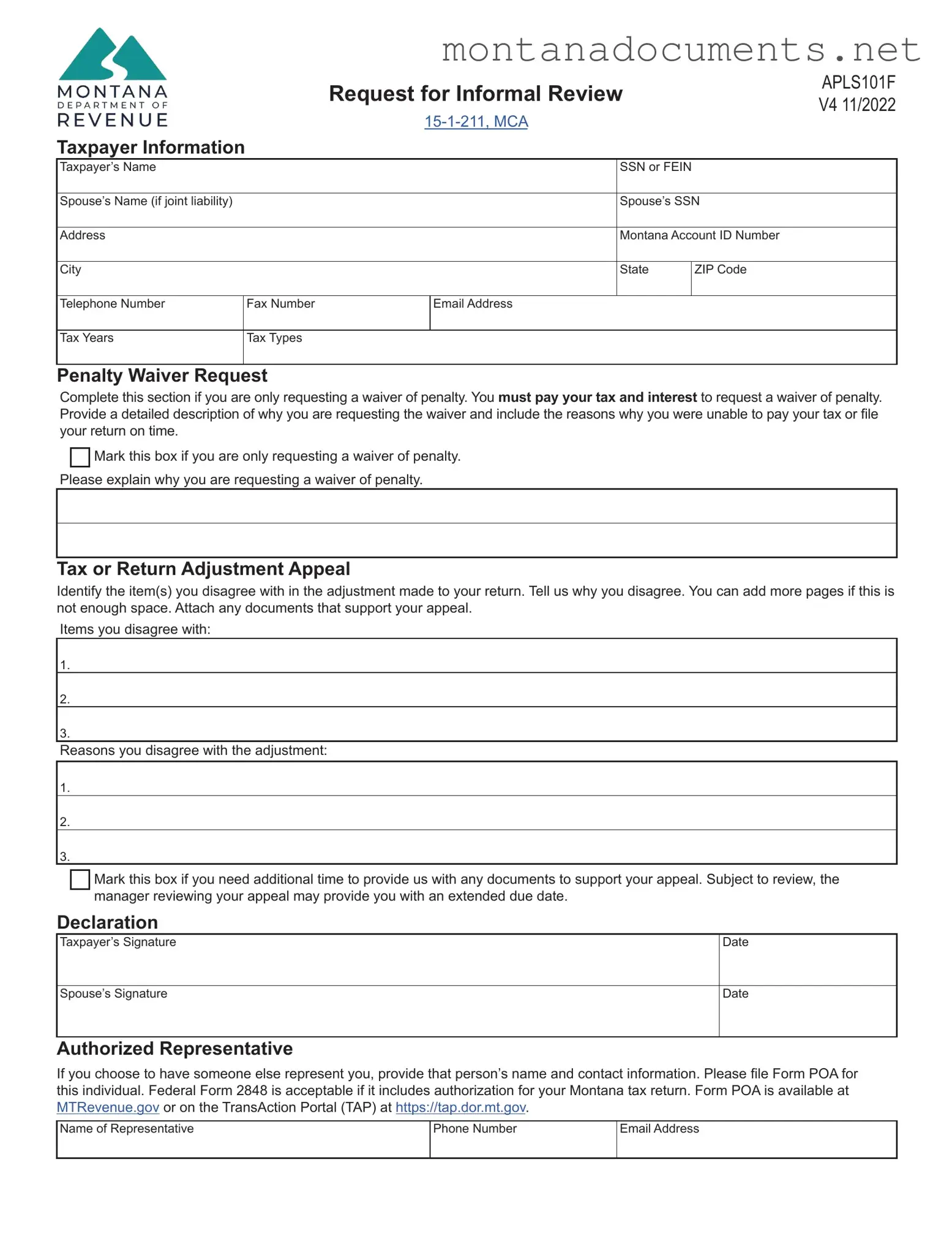 Printable Montana Apls101F Template