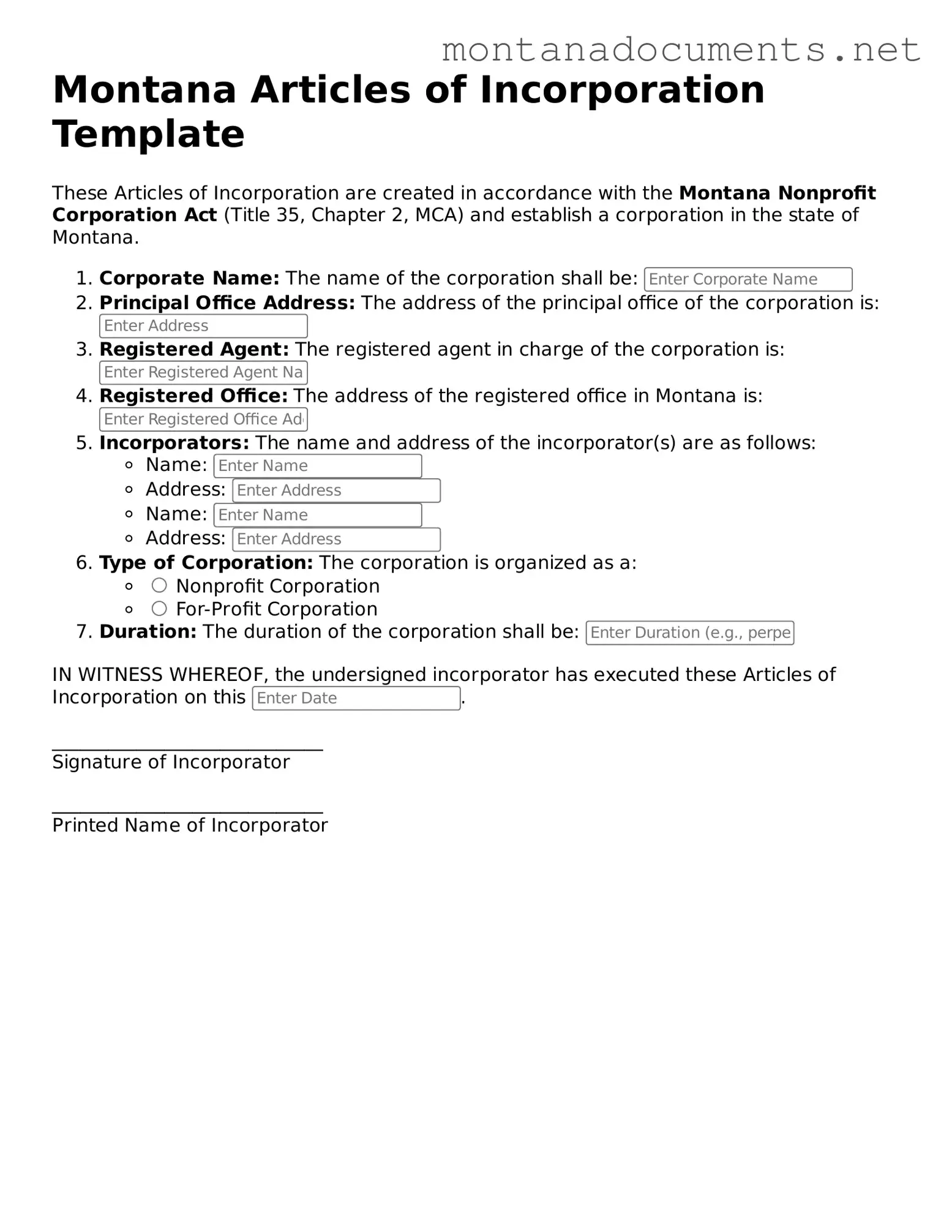 Blank Montana Articles of Incorporation Document