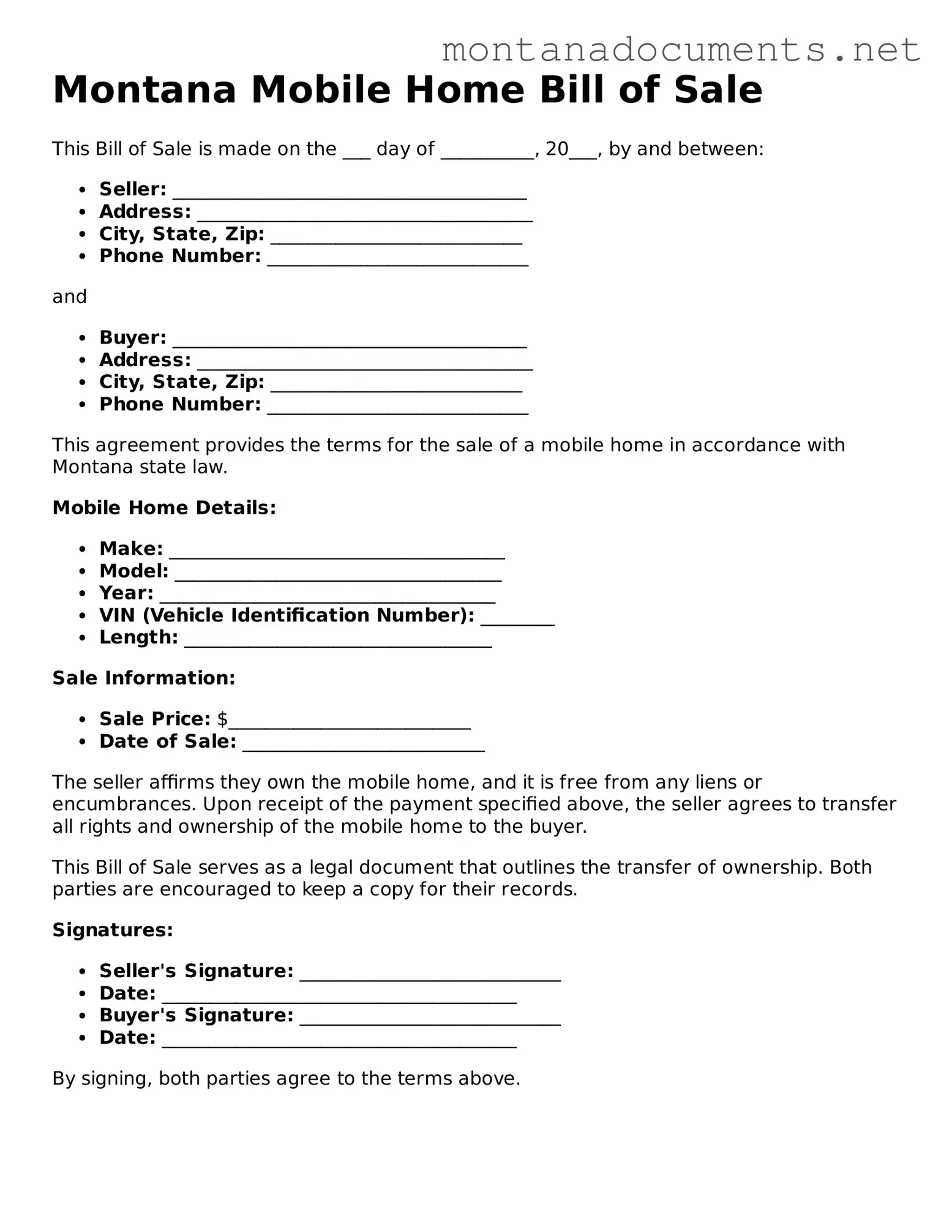 Blank Montana Mobile Home Bill of Sale Document