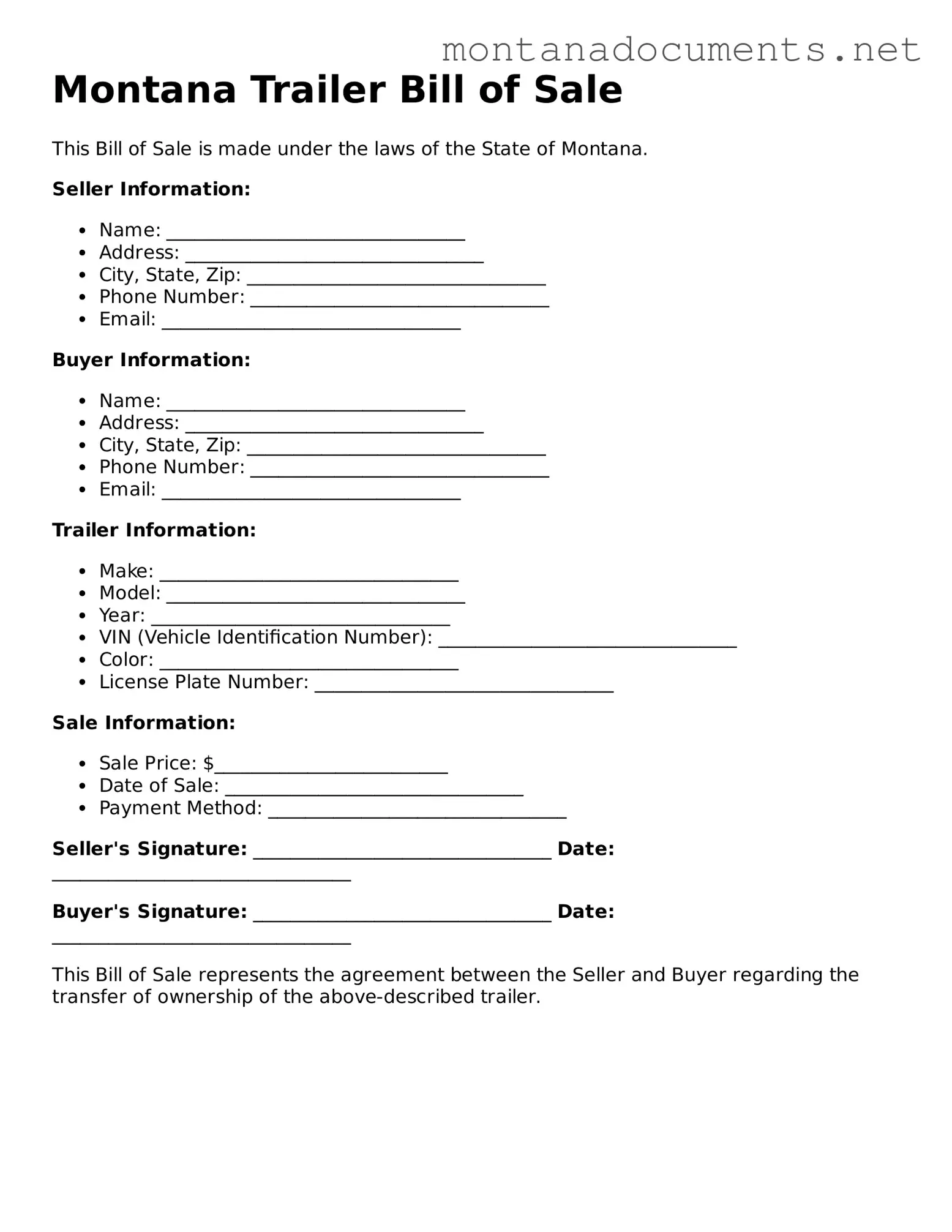 Blank Montana Trailer Bill of Sale Document