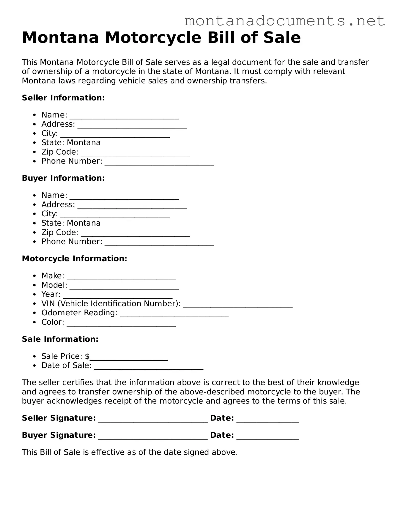 Blank Montana Motorcycle Bill of Sale Document