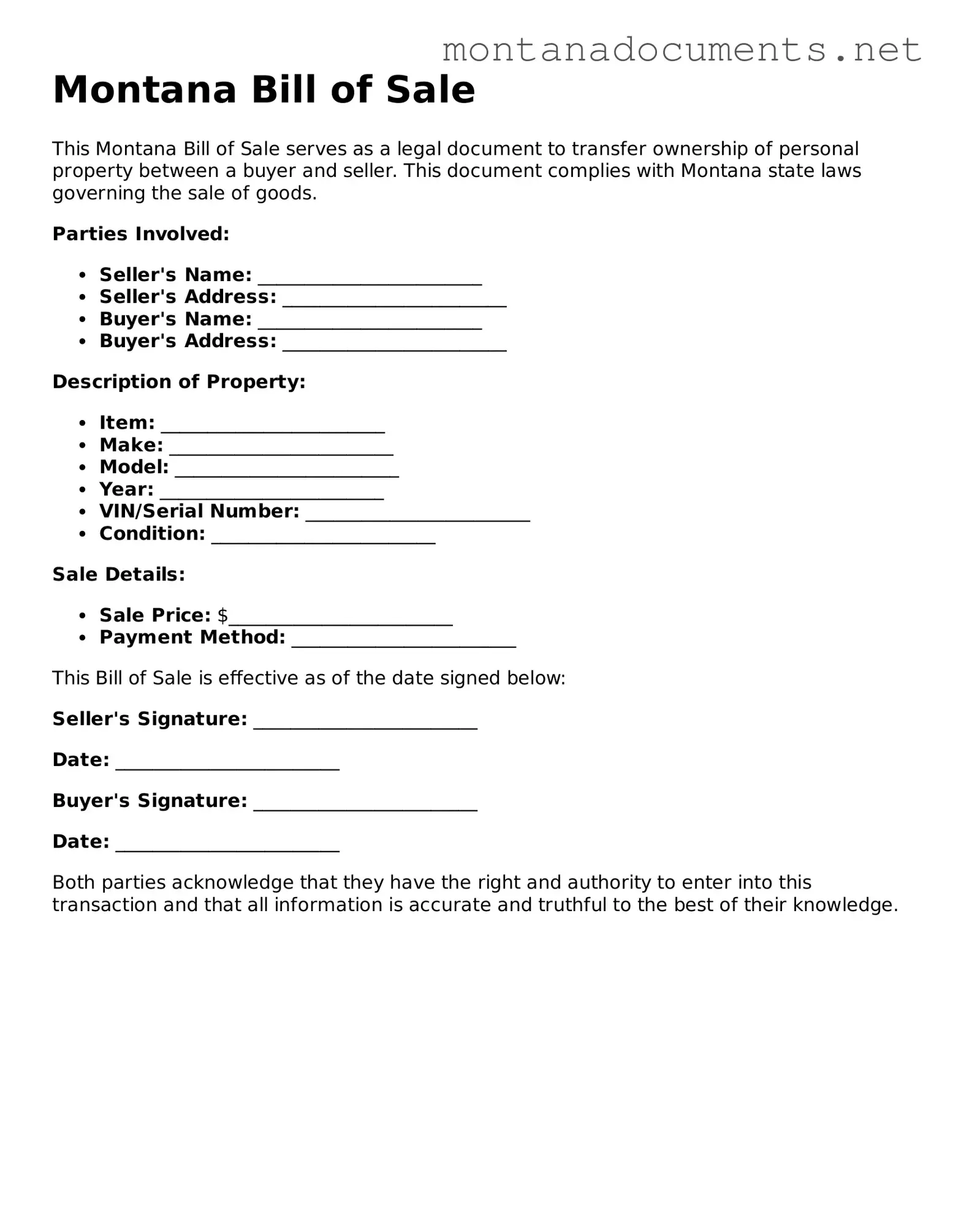 Blank Montana Bill of Sale Document