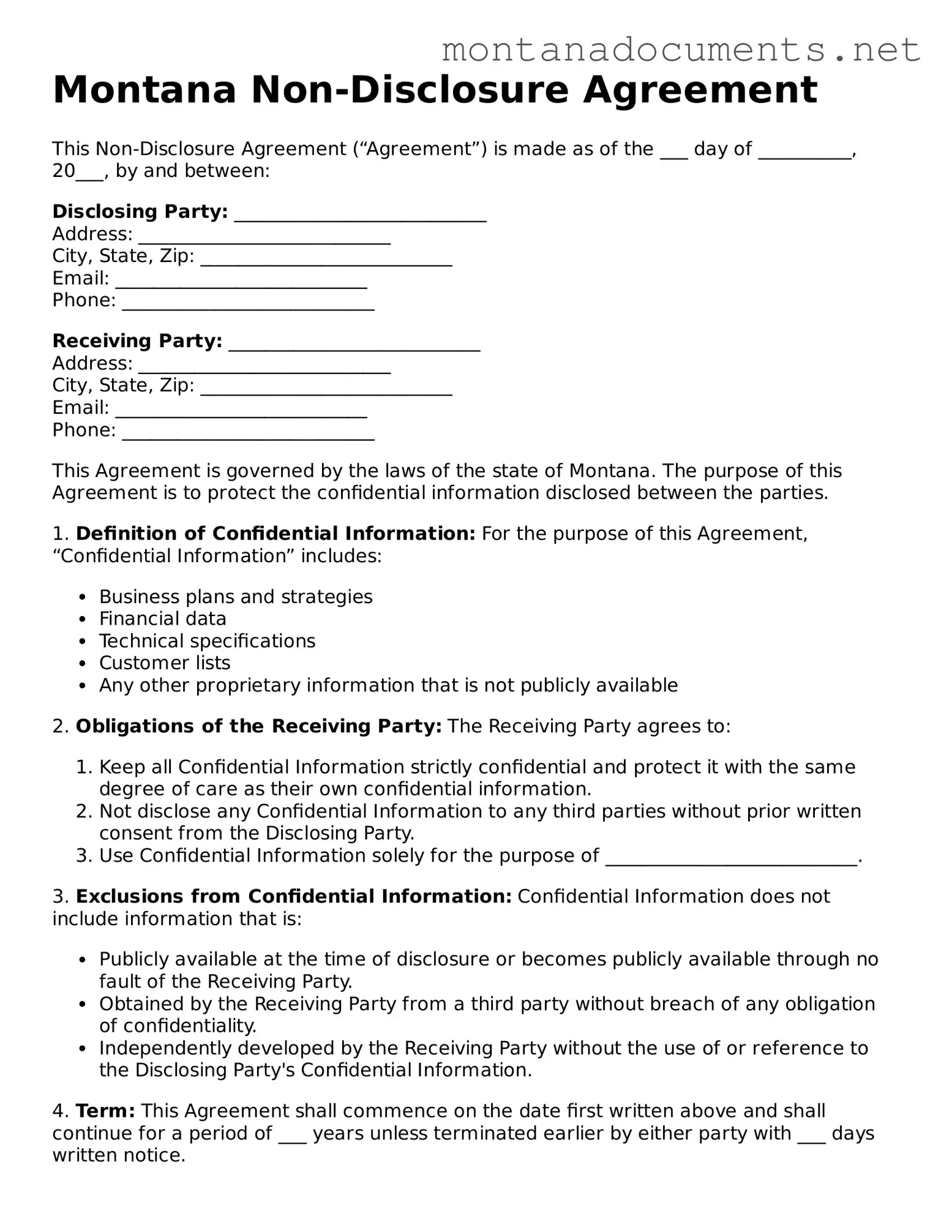 Blank Montana Non-disclosure Agreement Document