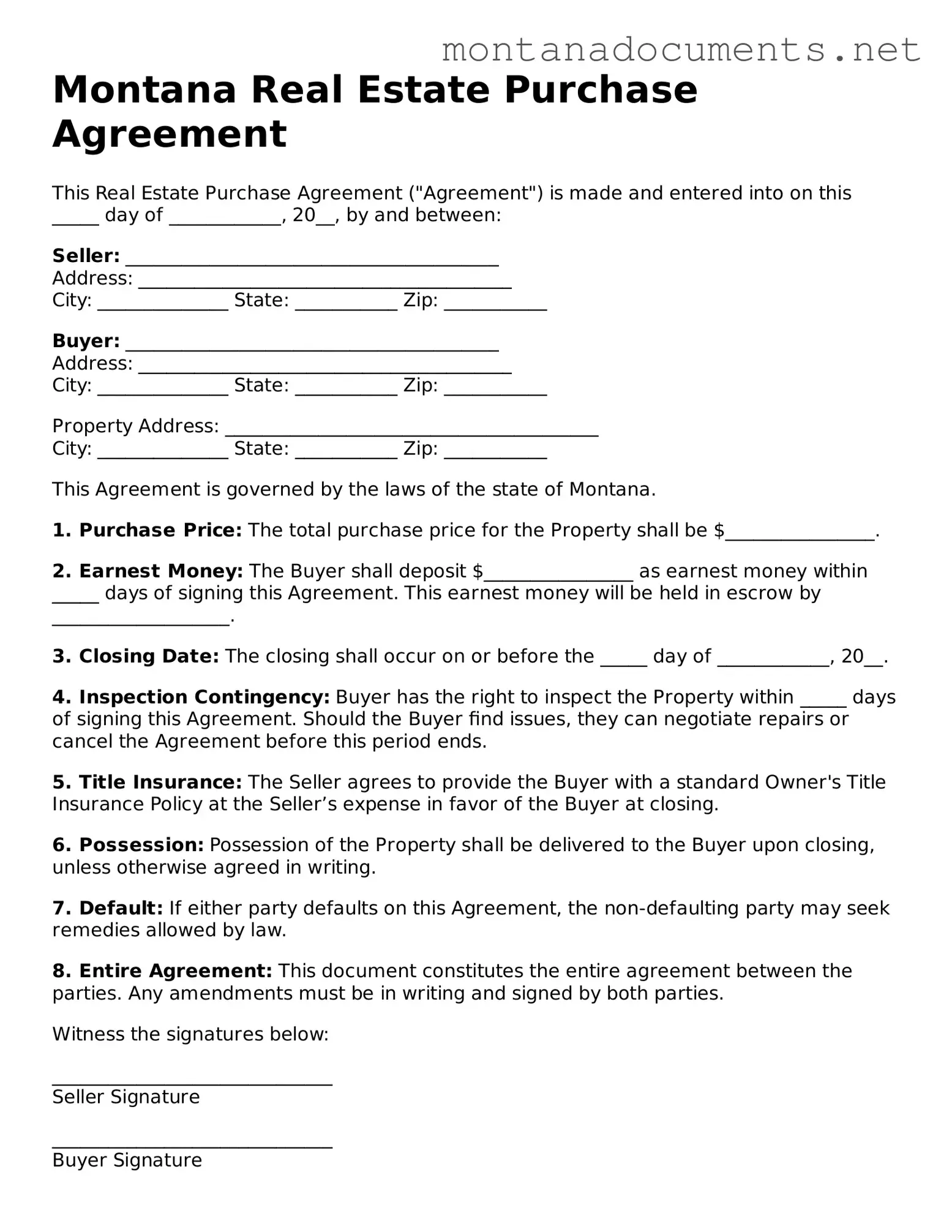 Blank Montana Real Estate Purchase Agreement Document