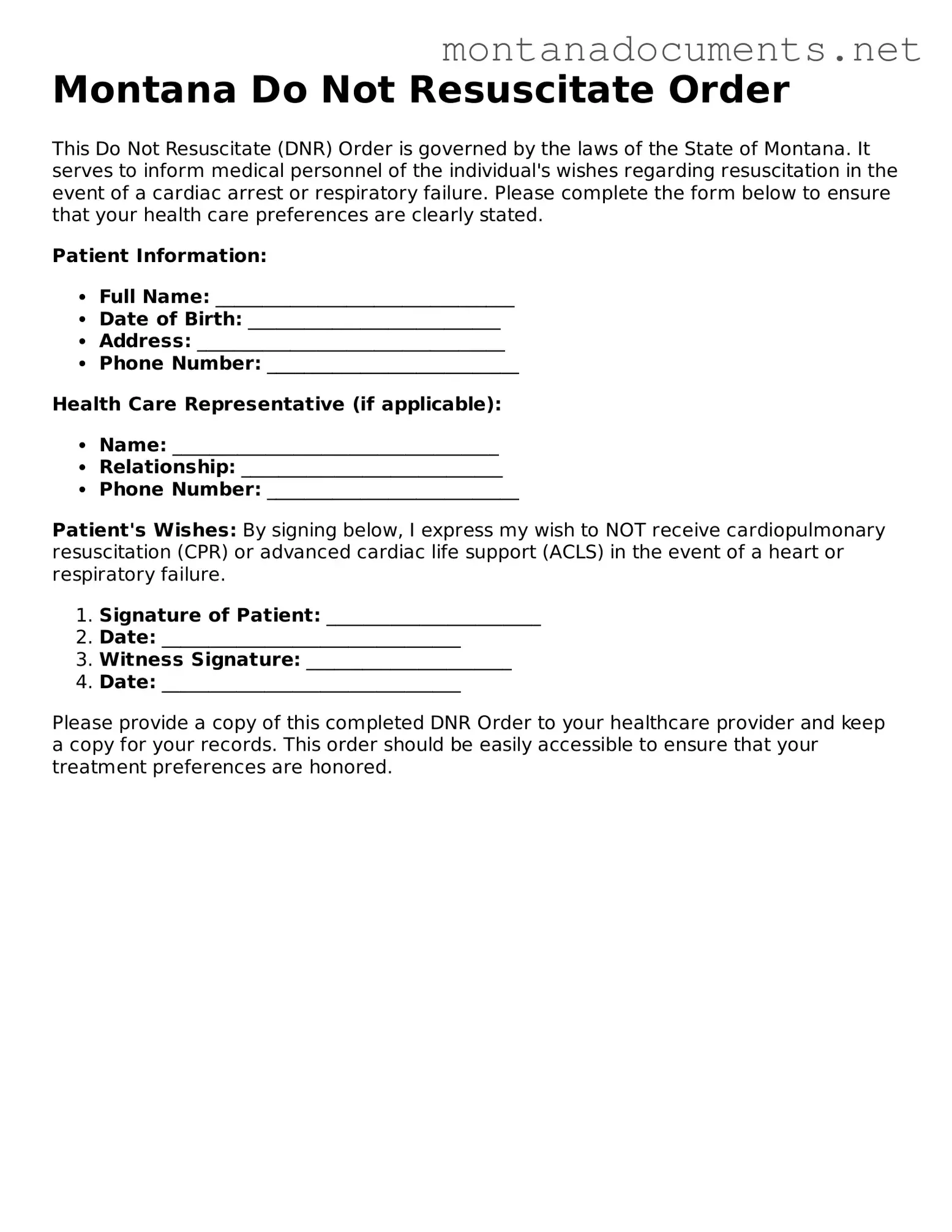 Blank Montana Do Not Resuscitate Order Document