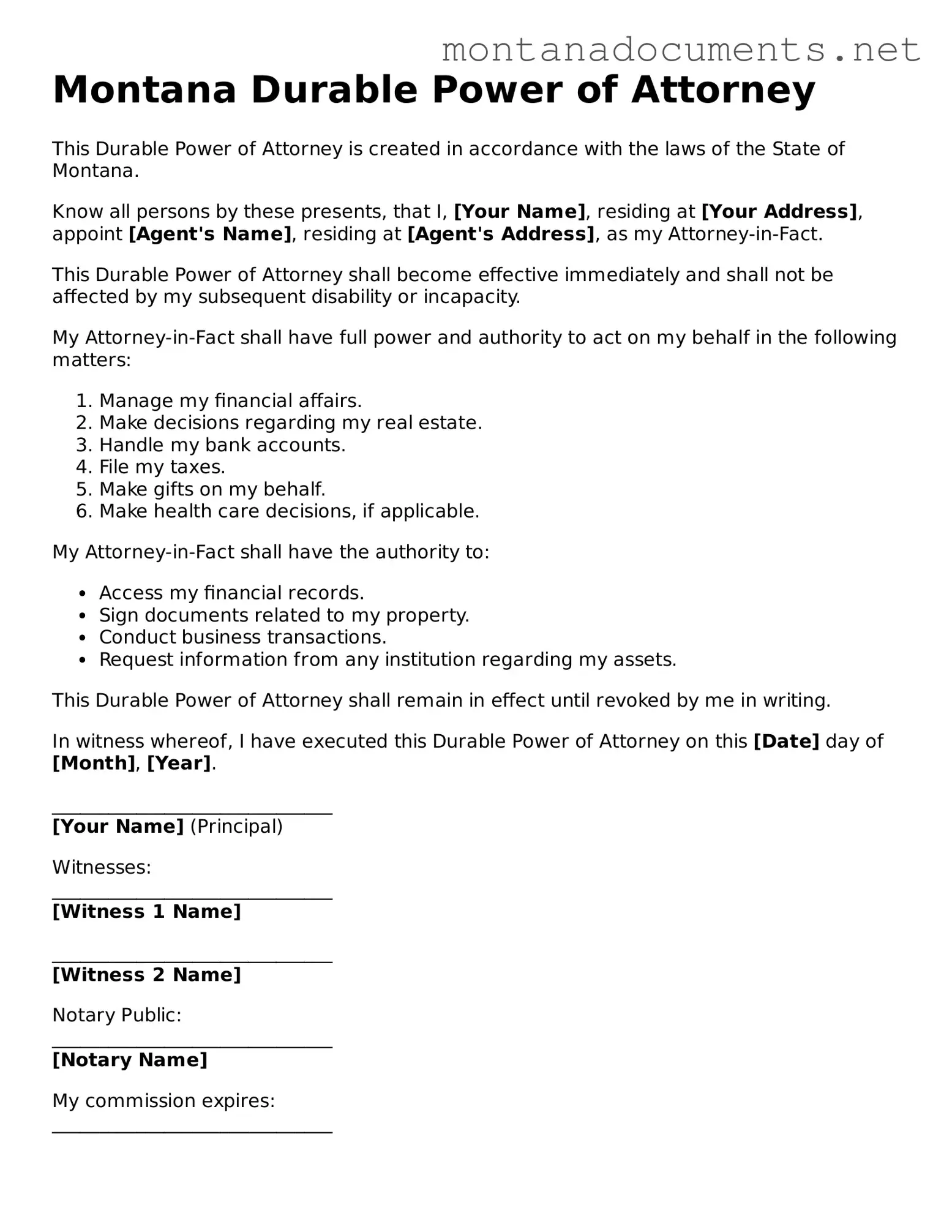 Blank Montana Durable Power of Attorney Document