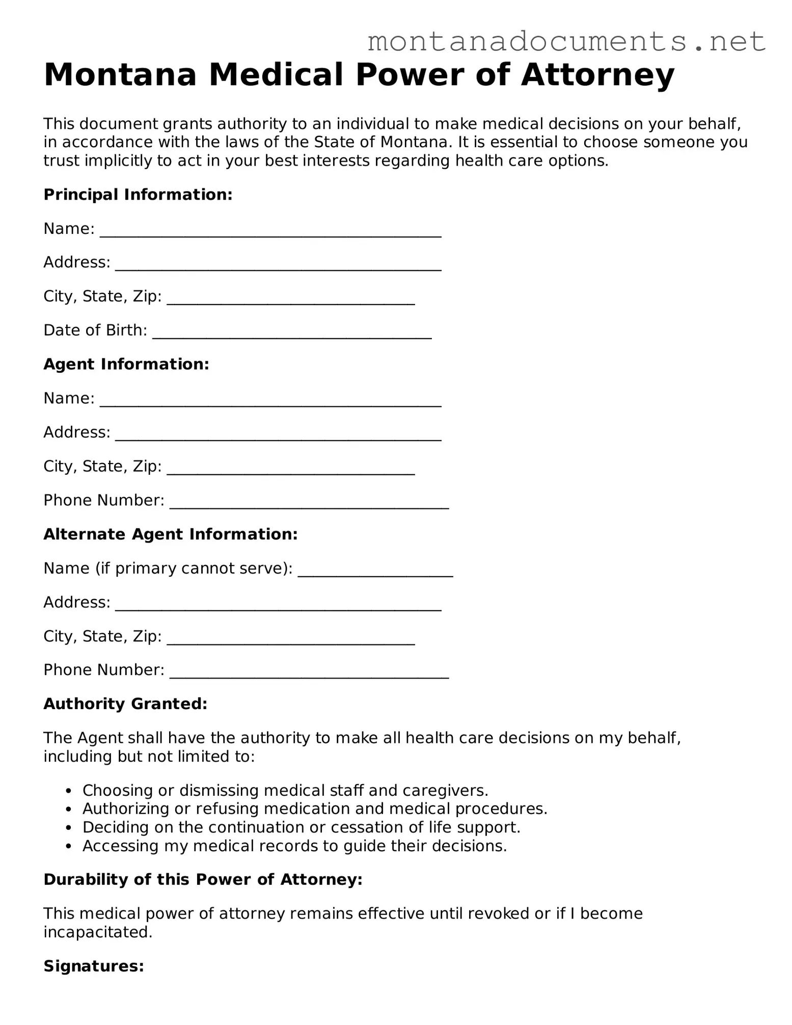 Blank Montana Medical Power of Attorney Document