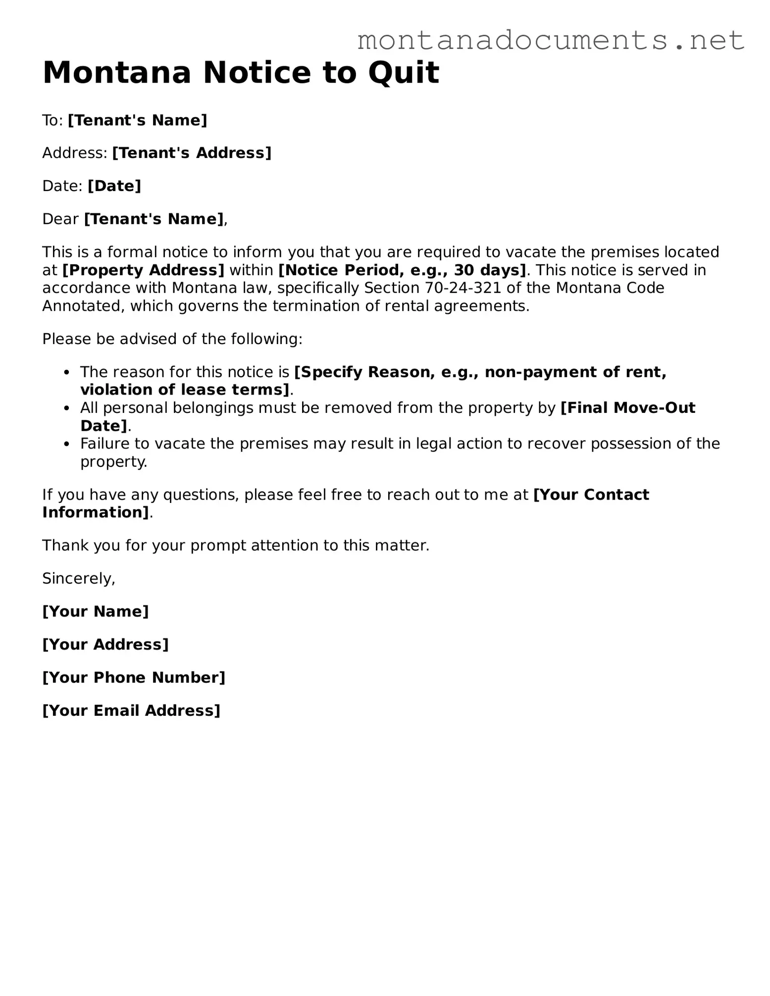 Blank Montana Notice to Quit Document