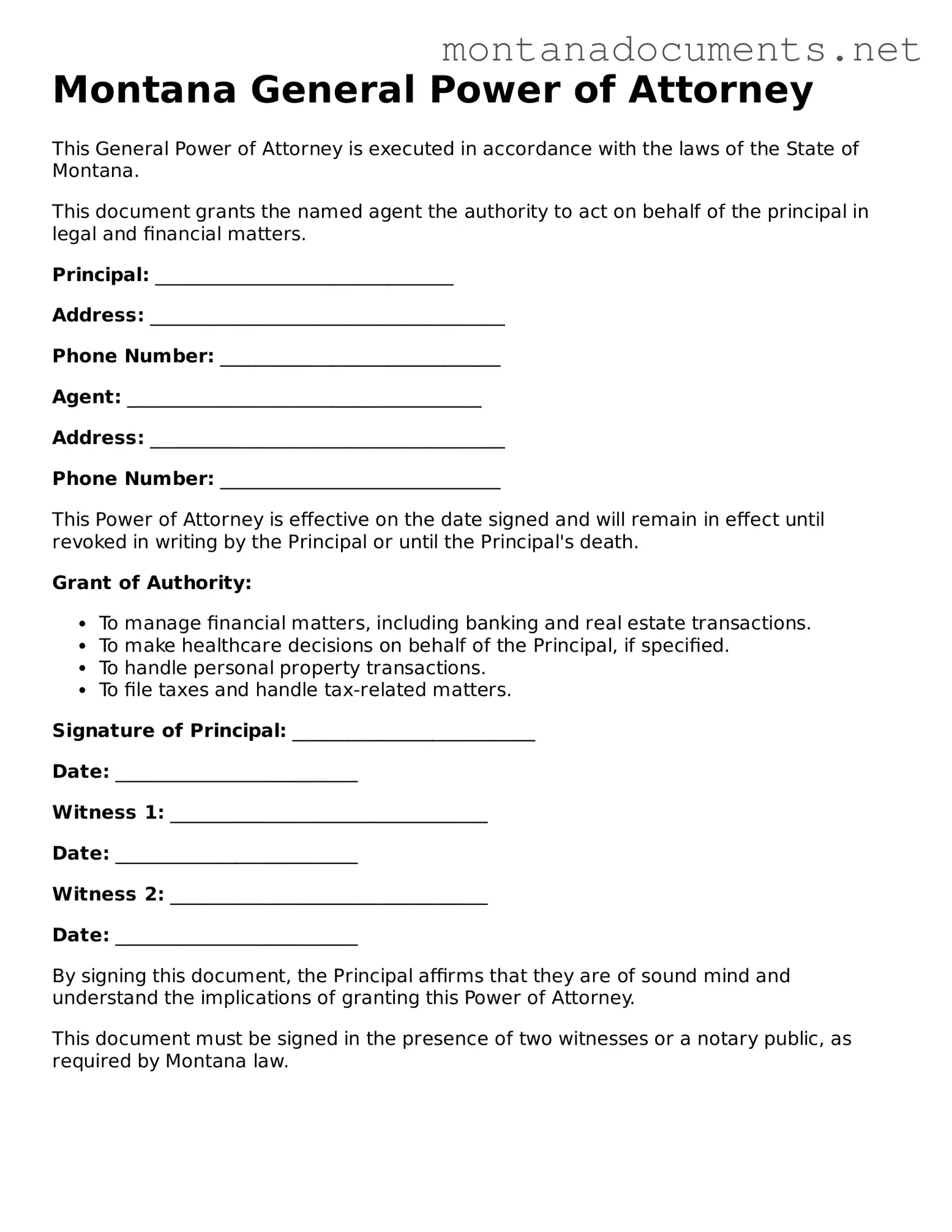Blank Montana General Power of Attorney Document