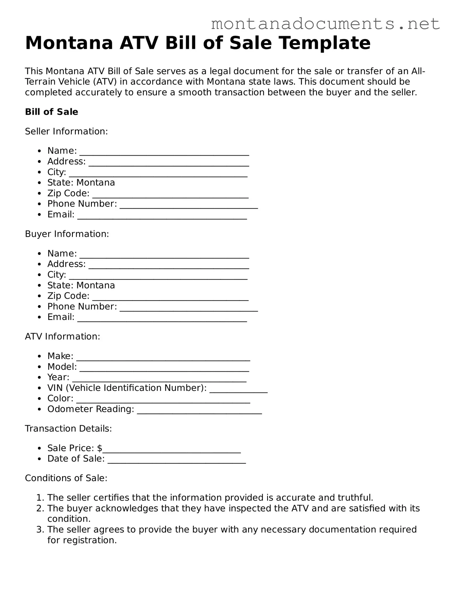 Blank Montana ATV Bill of Sale Document