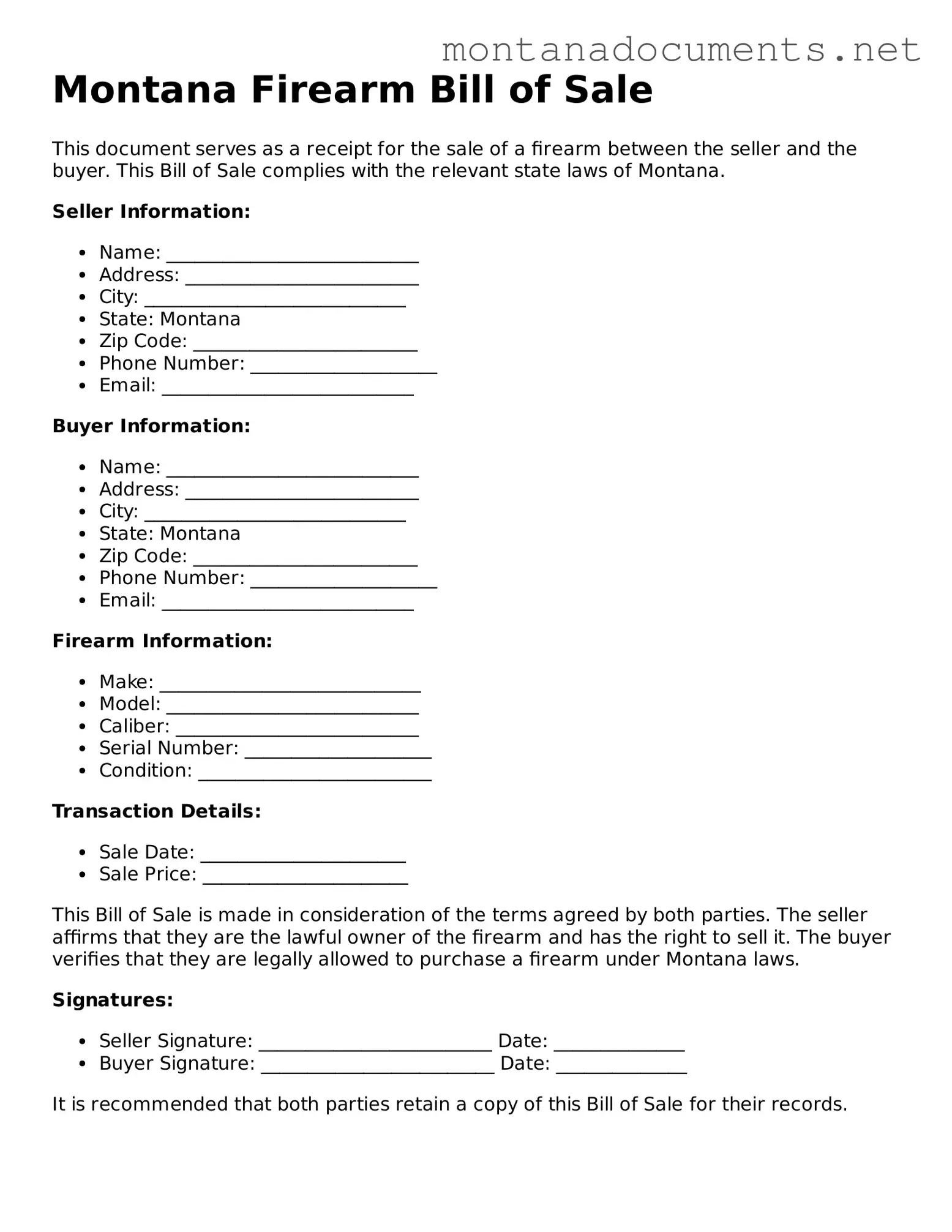 Blank Montana Firearm Bill of Sale Document