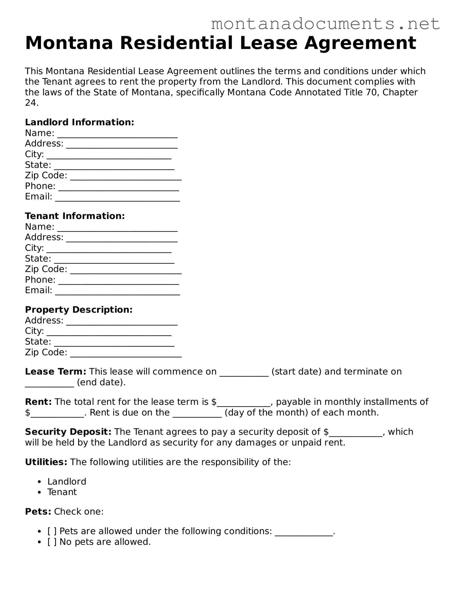 Blank Montana Residential Lease Agreement Document