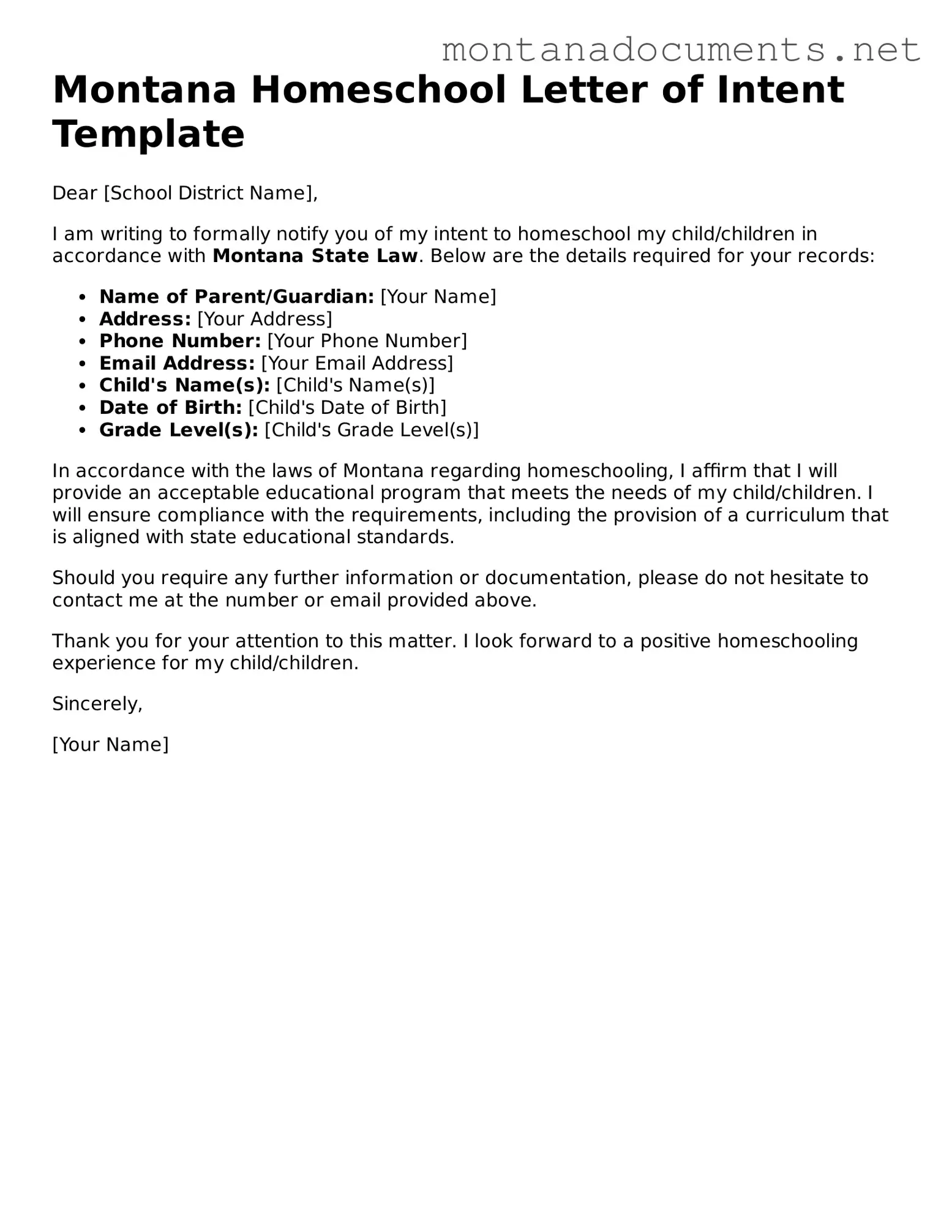 Blank Montana Homeschool Letter of Intent Document