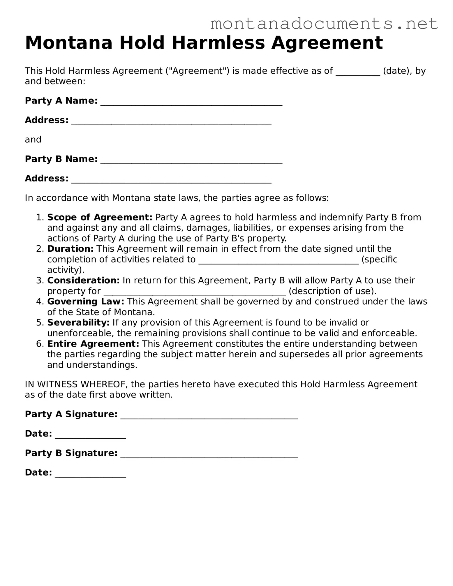 Blank Montana Hold Harmless Agreement Document