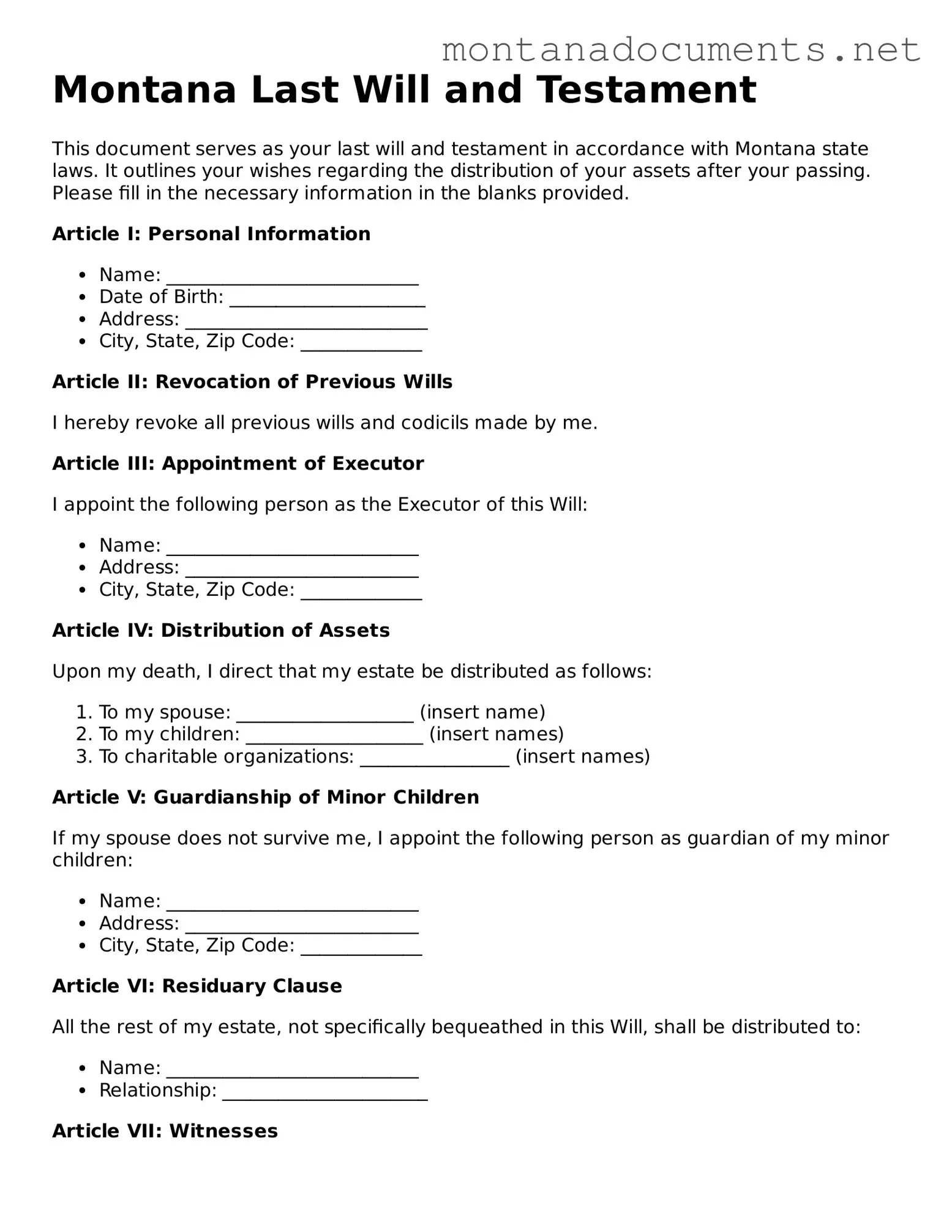 Blank Montana Last Will and Testament Document