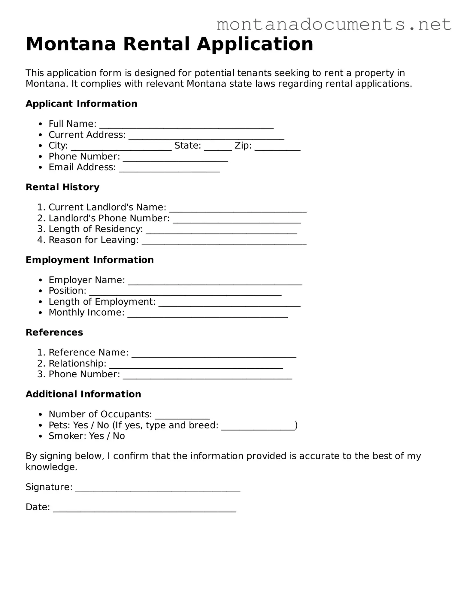 Blank Montana Rental Application Document