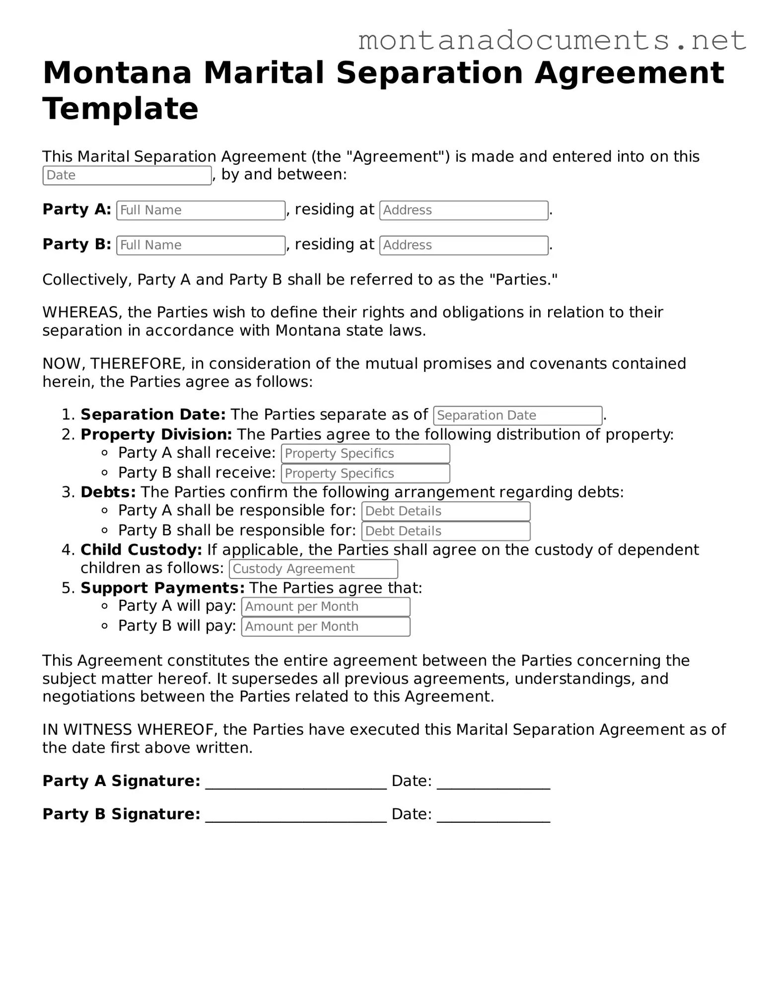 Blank Montana Marital Separation Agreement Document