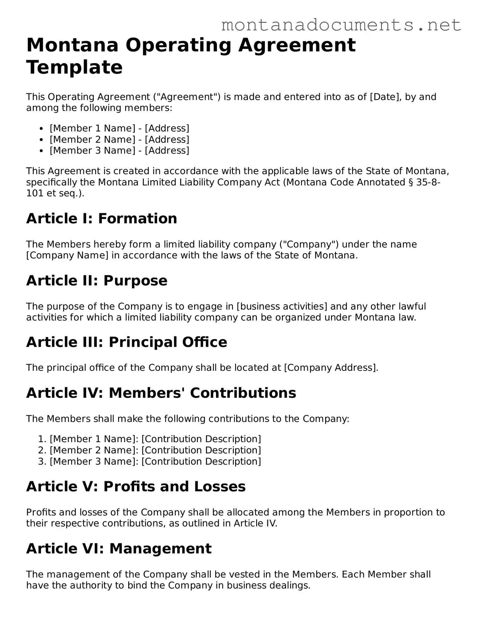 Blank Montana Operating Agreement Document