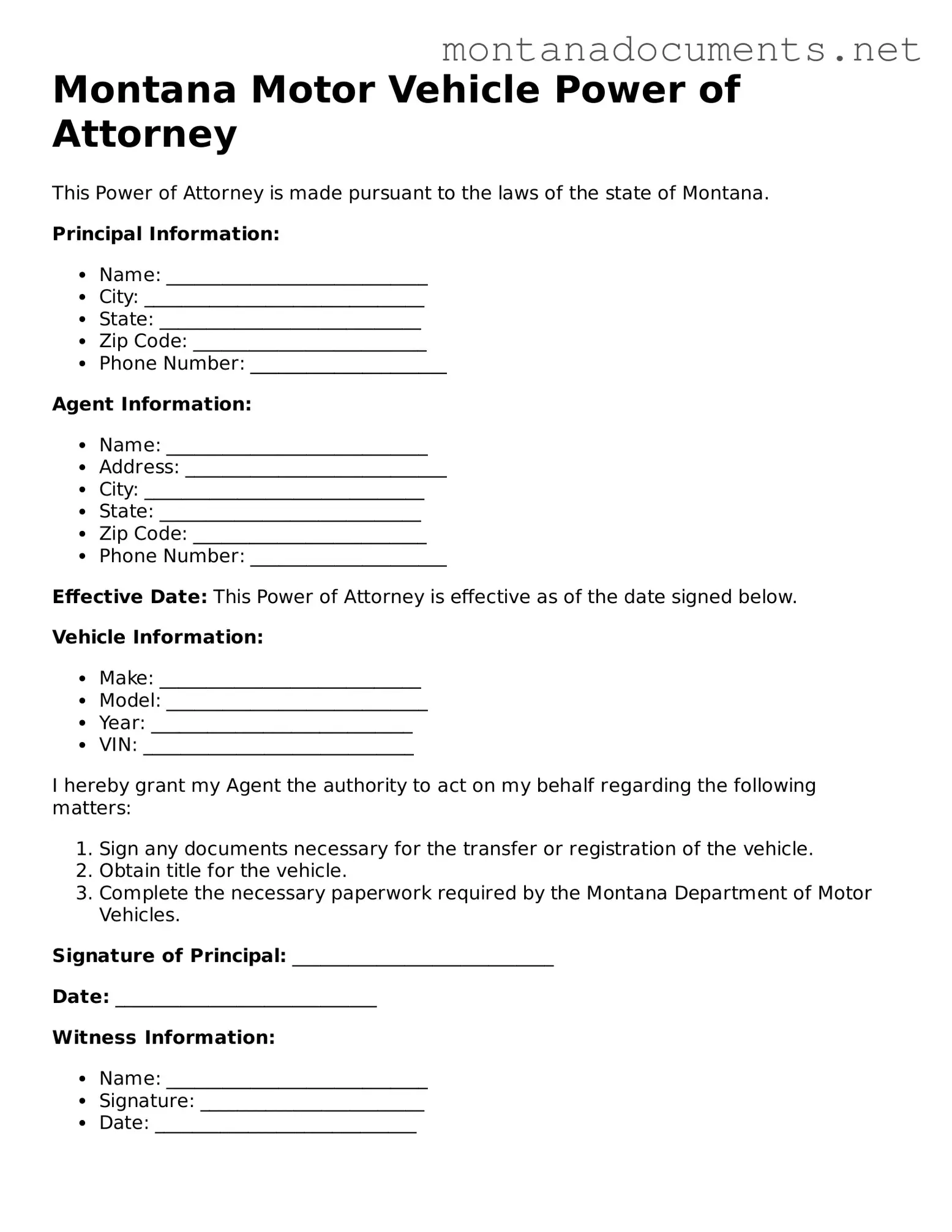 Blank Montana Motor Vehicle Power of Attorney Document