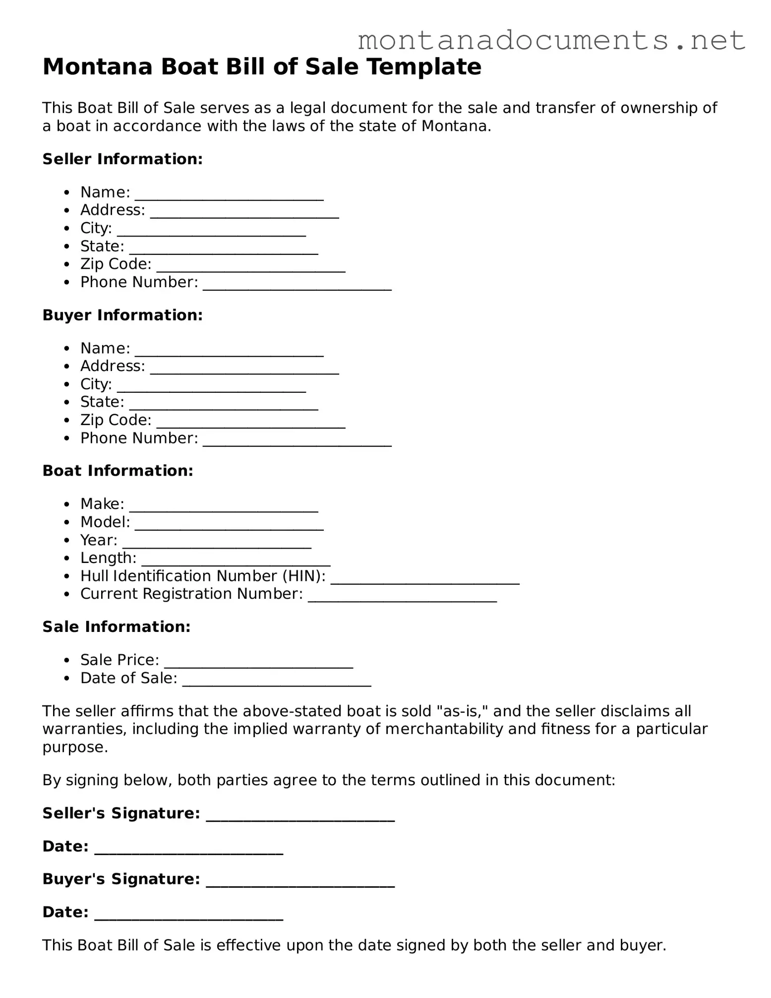 Blank Montana Boat Bill of Sale Document