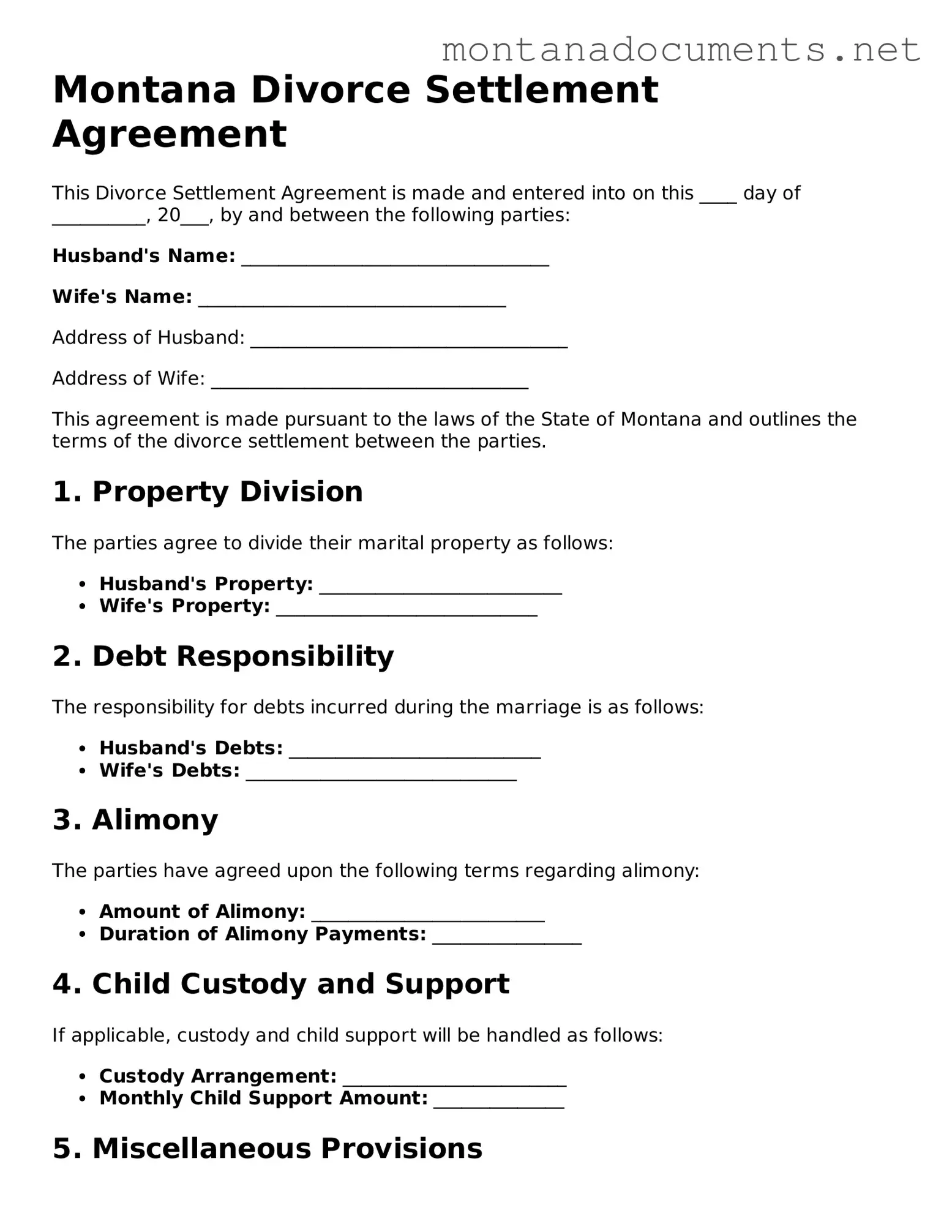 Blank Montana Divorce Settlement Agreement Document