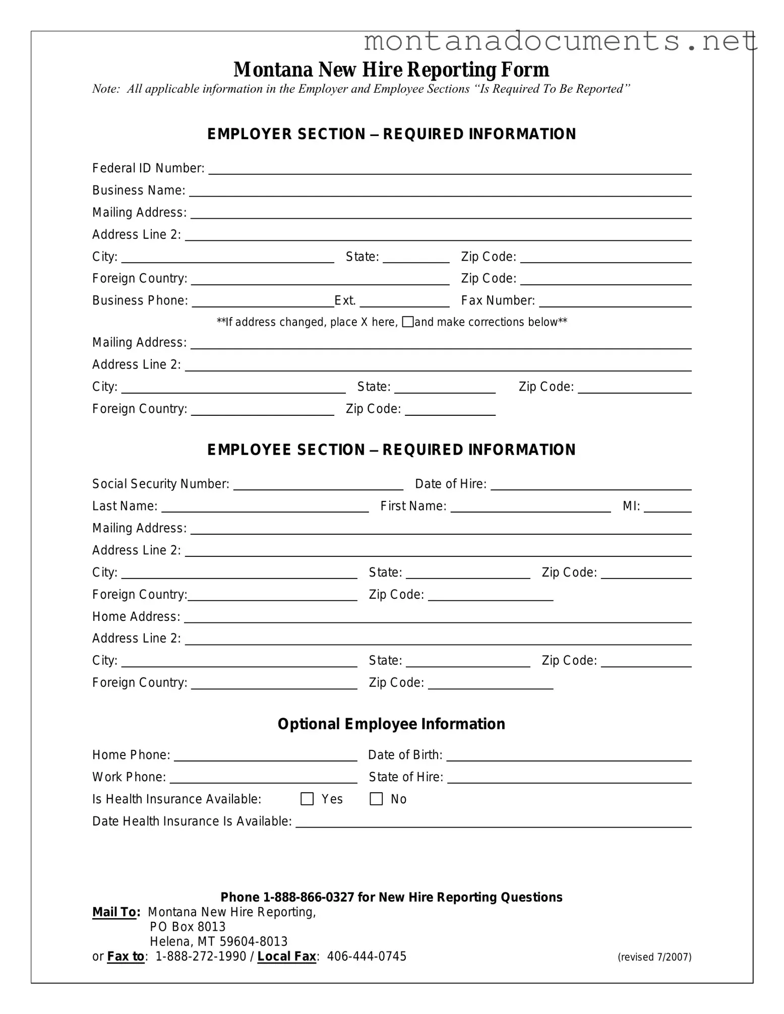 Printable Montana New Hire Template