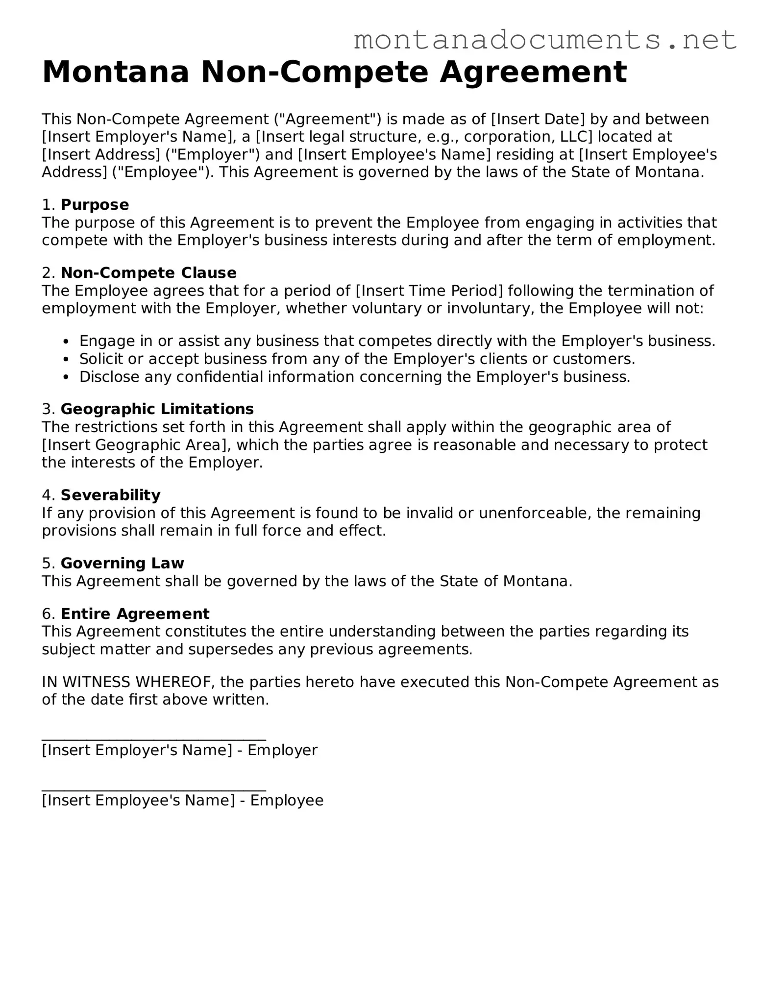 Blank Montana Non-compete Agreement Document