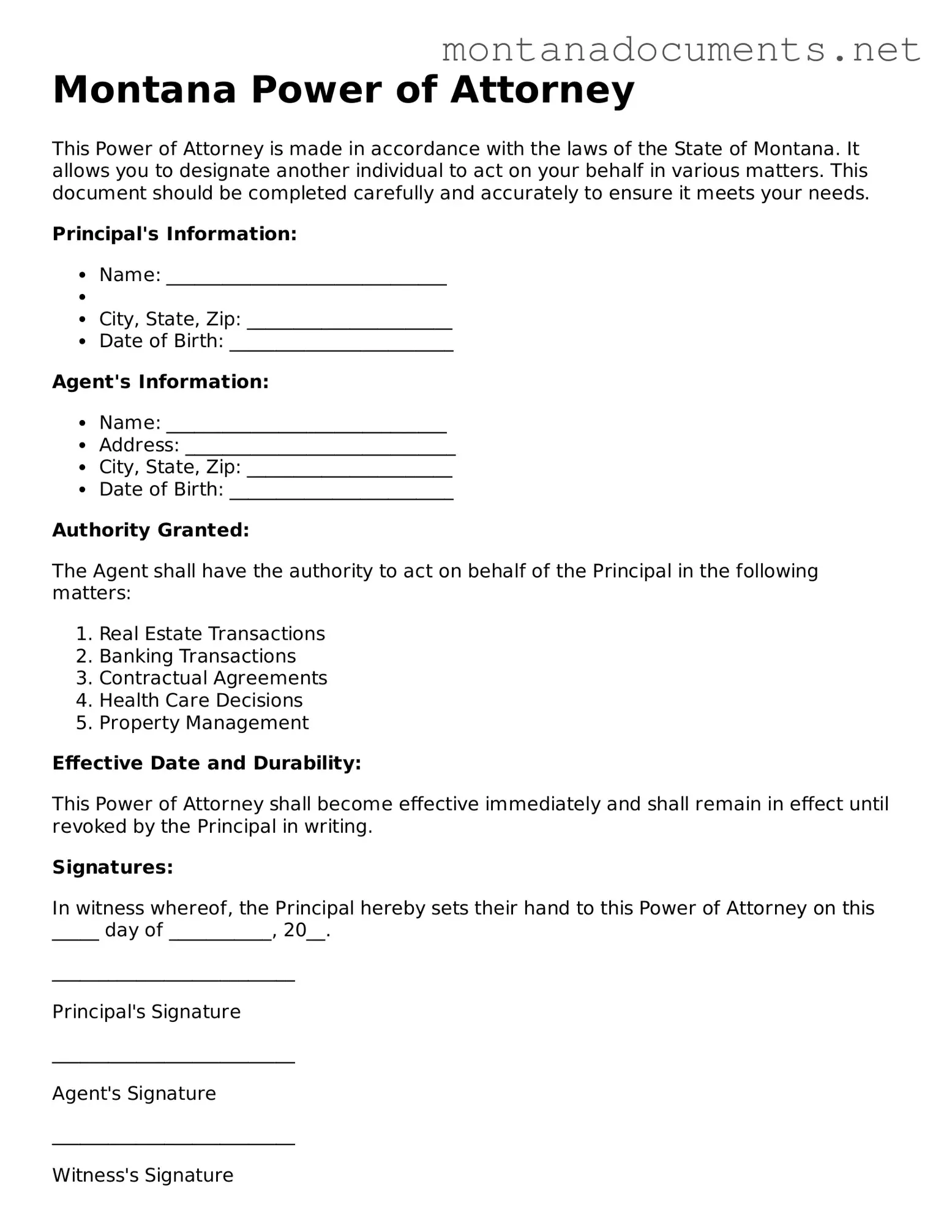 Blank Montana Power of Attorney Document