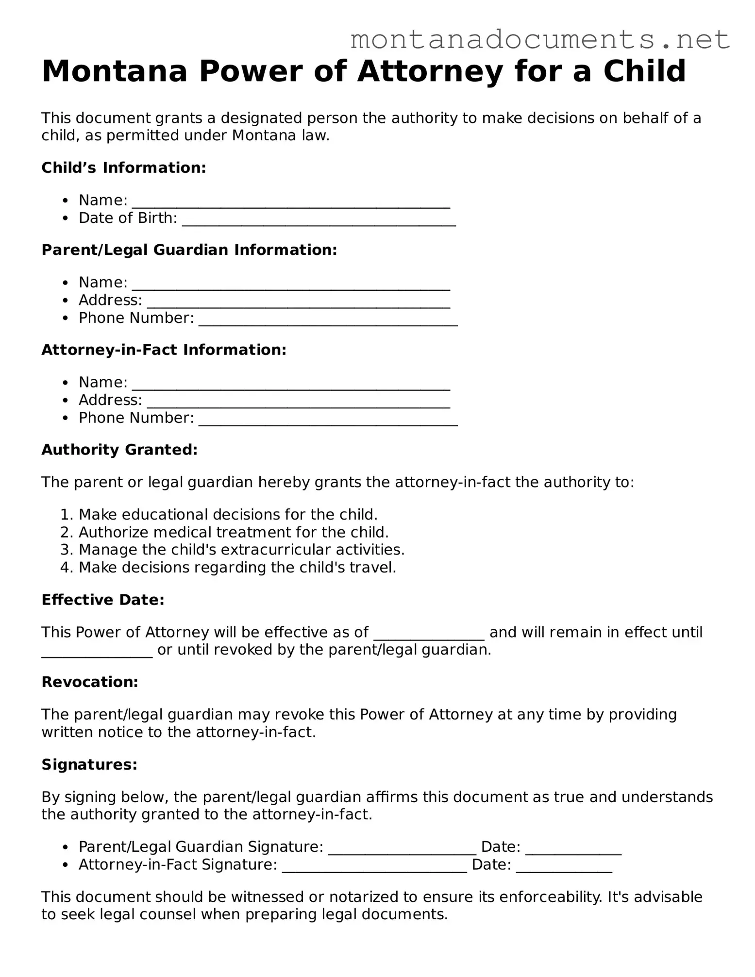 Blank Montana Power of Attorney for a Child Document