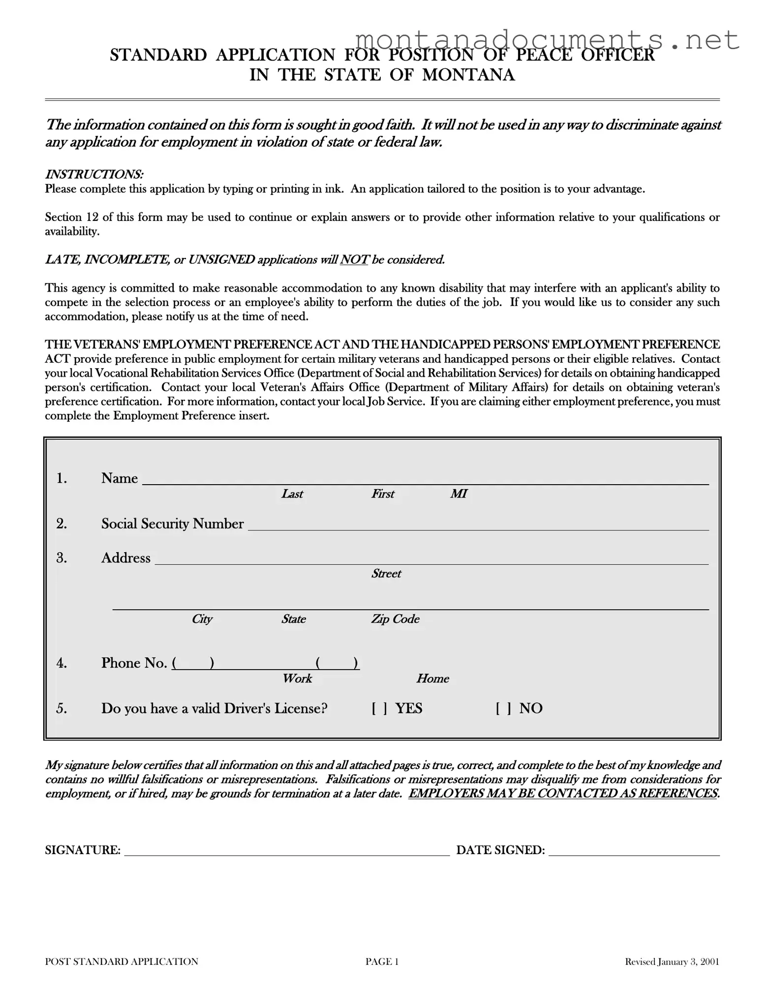 Printable Montana Post Standard Application Template