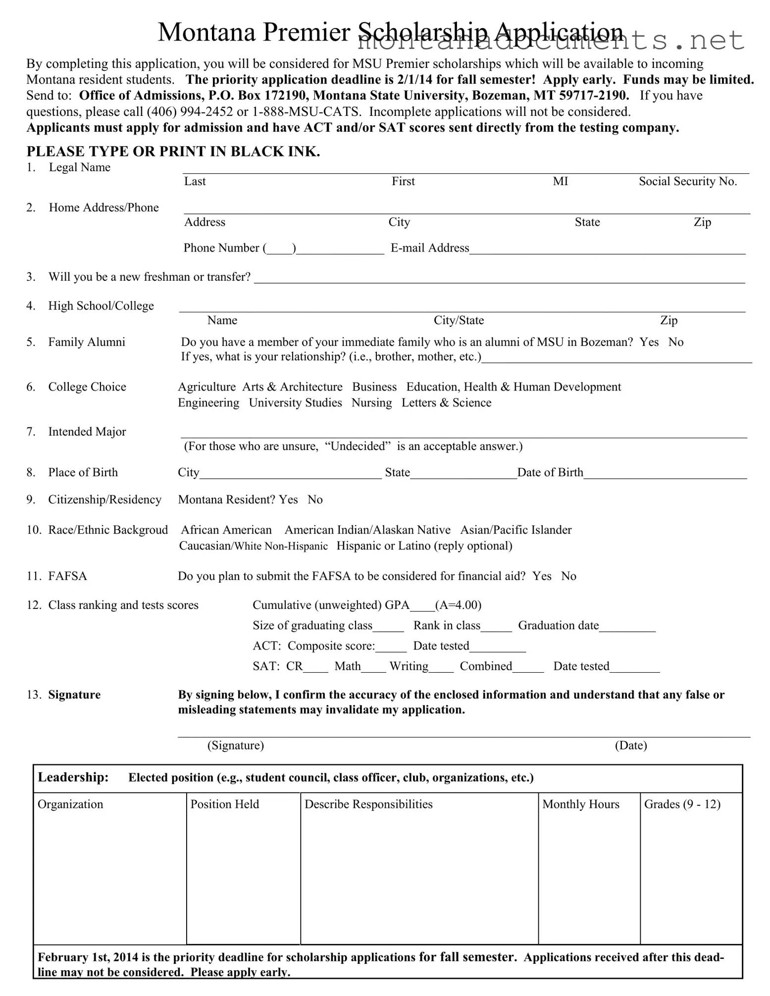 Printable Montana Premier Scholarship Template