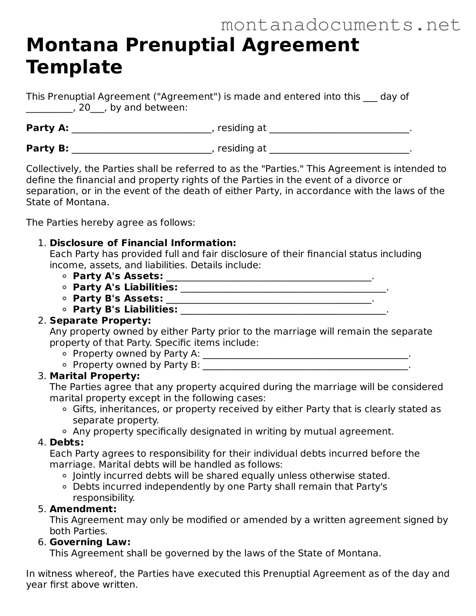 Blank Montana Prenuptial Agreement Document