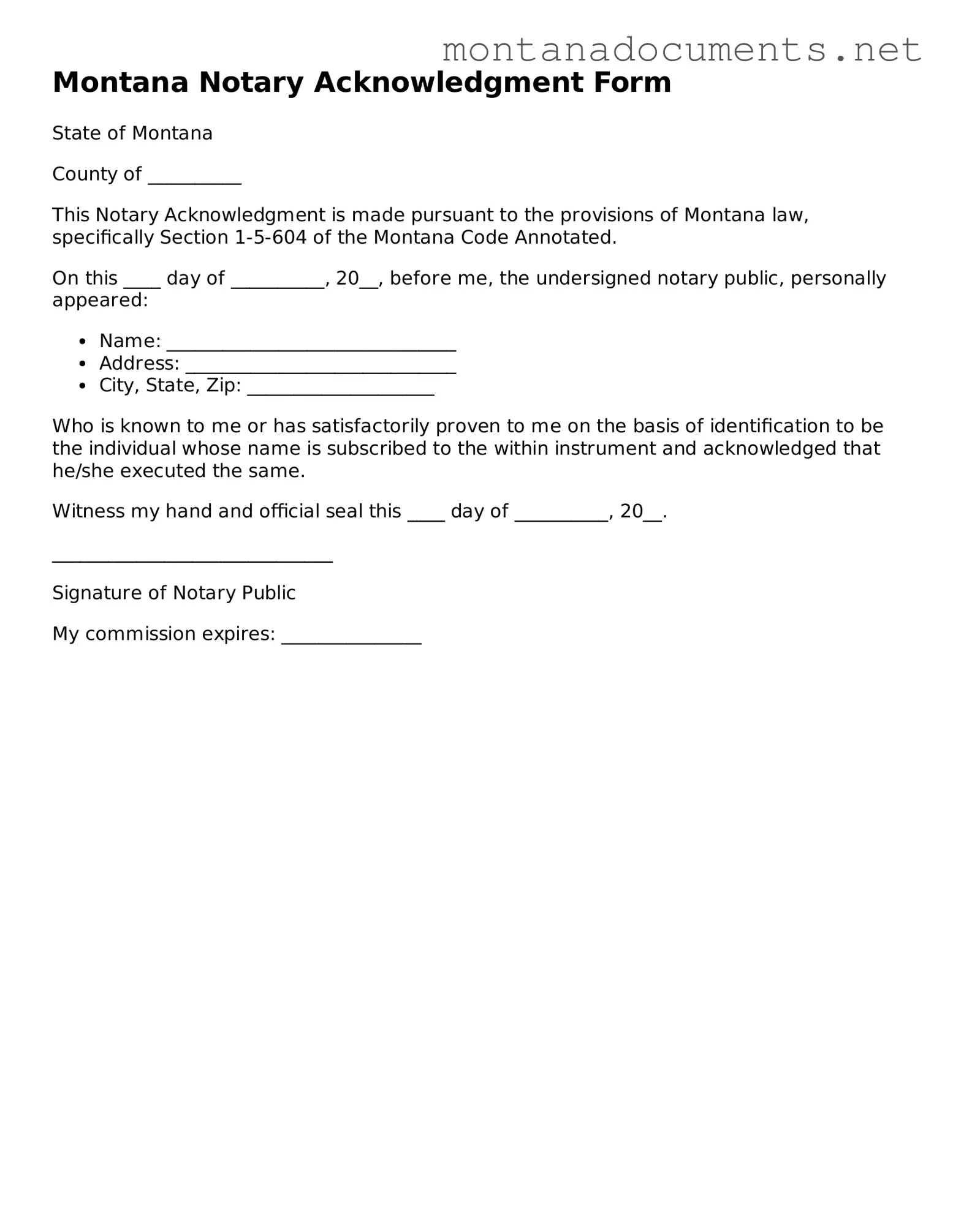 Blank Montana Notary Acknowledgement Document