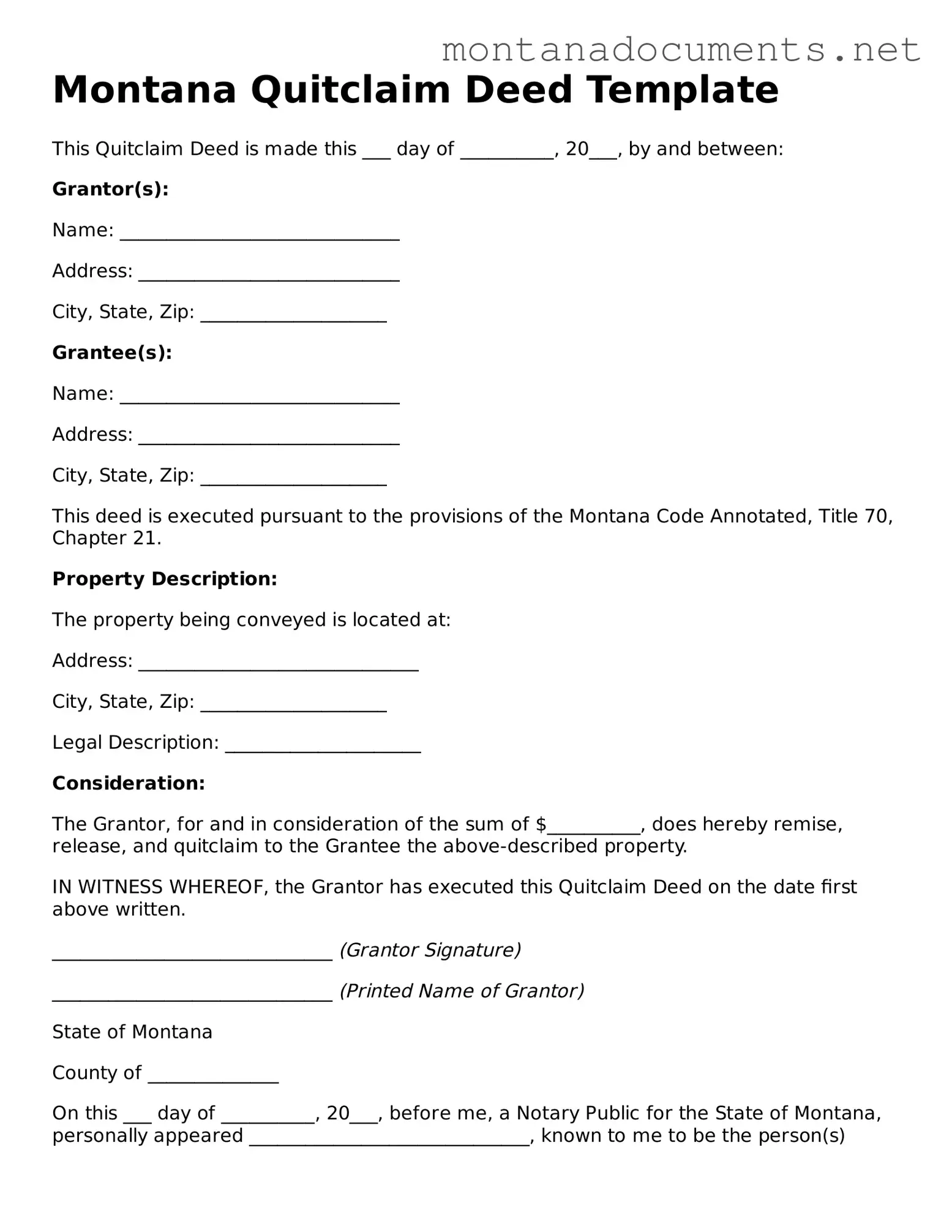 Blank Montana Quitclaim Deed Document
