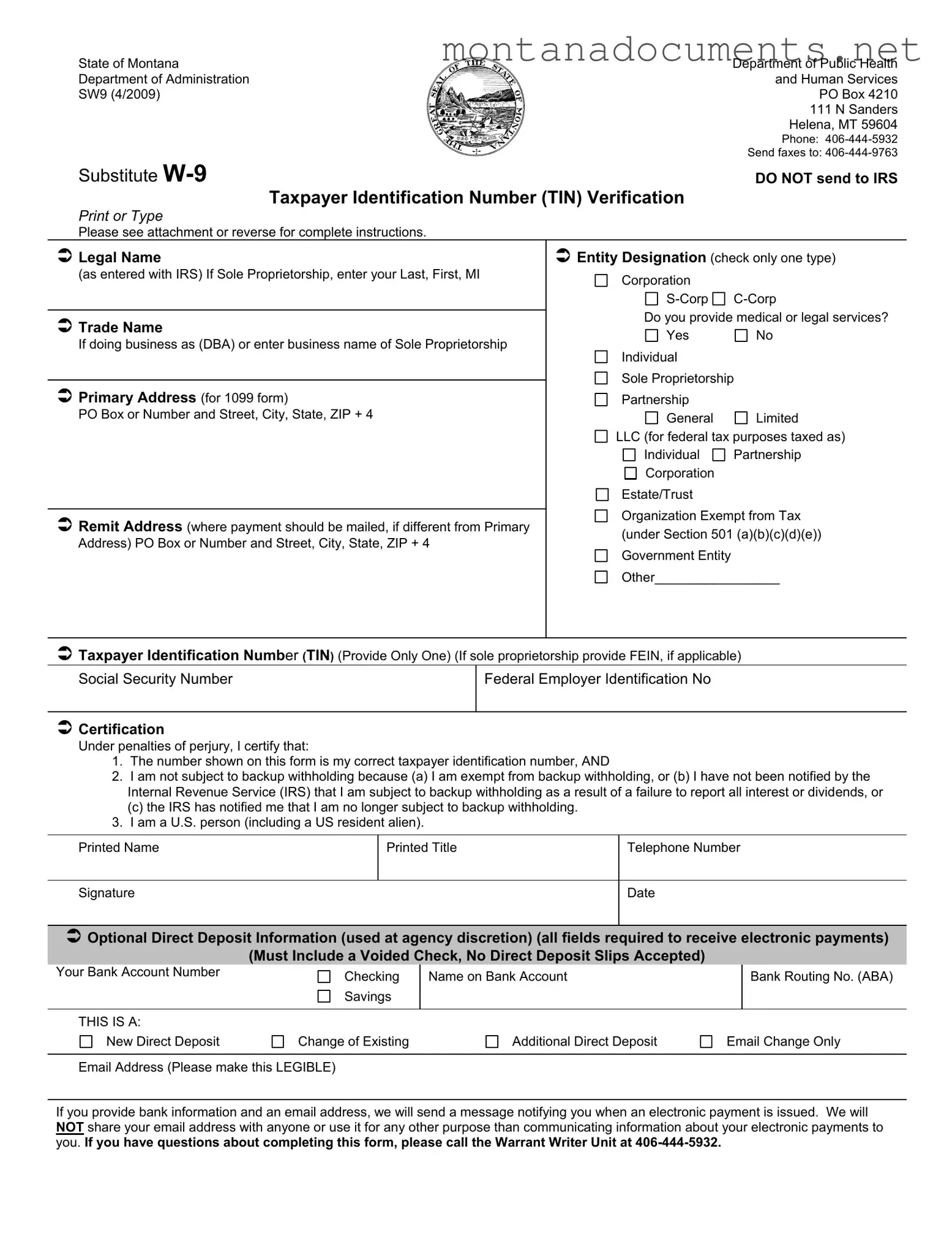 Printable Montana W 9 Template