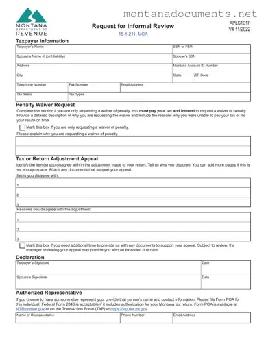 Printable Montana Apls101F Template