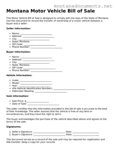 Blank Montana Motor Vehicle Bill of Sale Document