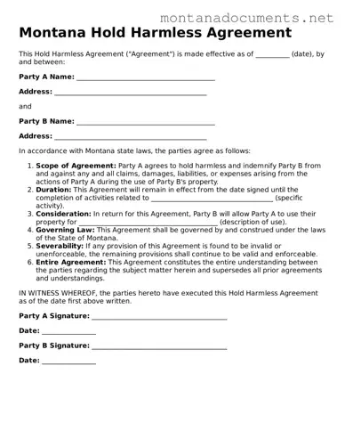 Blank Montana Hold Harmless Agreement Document