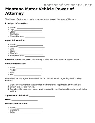 Blank Montana Motor Vehicle Power of Attorney Document