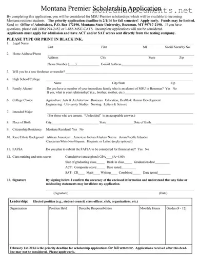 Printable Montana Premier Scholarship Template